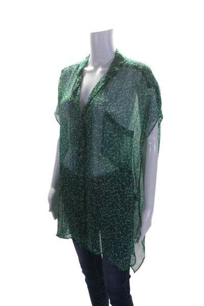 Aspesi Womens Silk Green Blue Printed Collar Sleeveless Button Down Shirt Size L