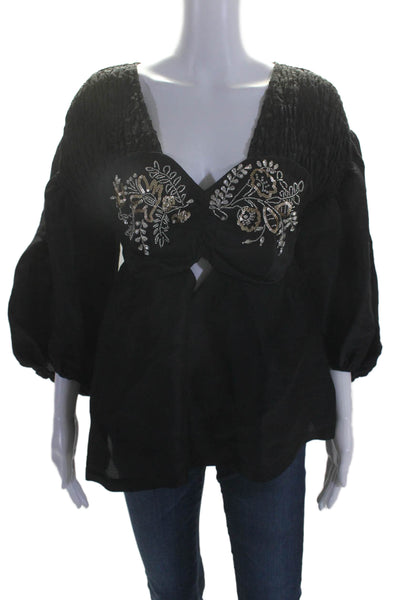 Tracy Reese Womens Linen Black Floral Sequins Beaded V-Neck Blouse Top Size M