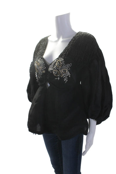 Tracy Reese Womens Linen Black Floral Sequins Beaded V-Neck Blouse Top Size M