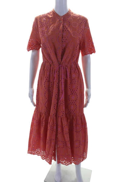 Vilagallo Womens Cotton Orange Pink Floral Eyelet Tie Waist A-Line Dress Size 42