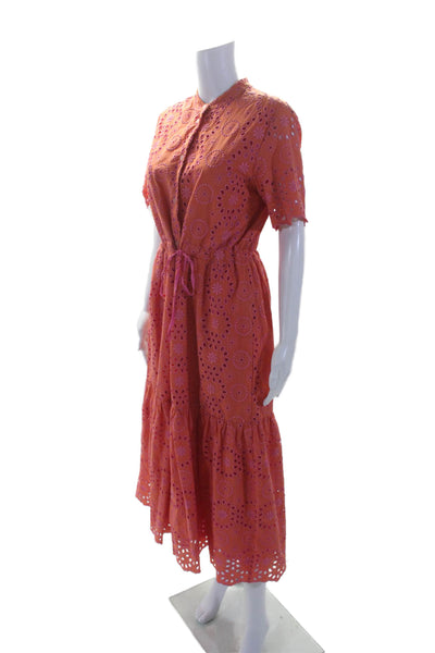 Vilagallo Womens Cotton Orange Pink Floral Eyelet Tie Waist A-Line Dress Size 42