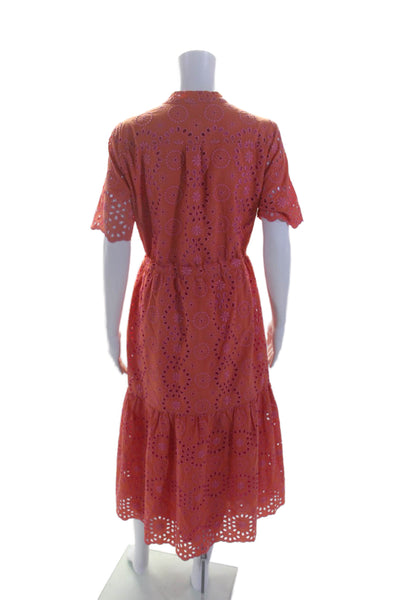 Vilagallo Womens Cotton Orange Pink Floral Eyelet Tie Waist A-Line Dress Size 42