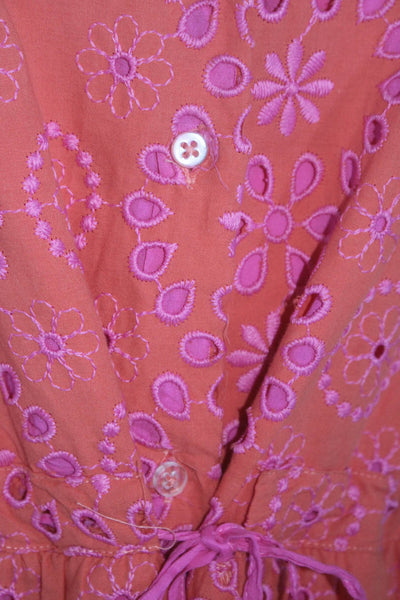 Vilagallo Womens Cotton Orange Pink Floral Eyelet Tie Waist A-Line Dress Size 42