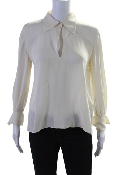 Theory Women's Collared Long Sleeves Slit Hem Silk Blouse Beige Size P