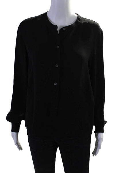 Theory Women's Round Neck Long Sleeves Quarter Button Silk Blouse Black Size P