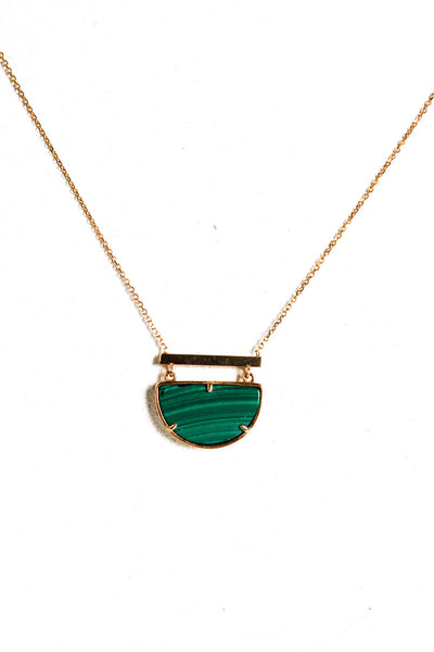 Designer Womens 14K Yellow Gold Malachite Half Moon Pendant Necklace 18" 2.3g