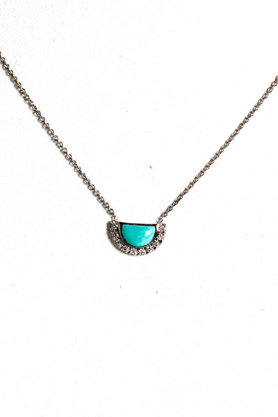 Designer Womens 14K White Gold Turquoise + Diamond Accent Half Moon Pendant Neck