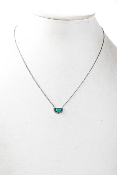 Designer Womens 14K White Gold Turquoise + Diamond Accent Half Moon Pendant Neck