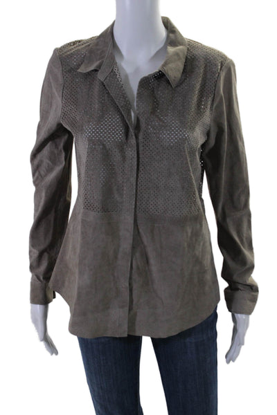 Ecru Womens Button Front Collared Suede Laser Cut Shirt Gray Size Small