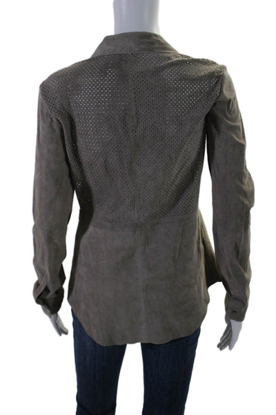 Ecru Womens Button Front Collared Suede Laser Cut Shirt Gray Size Small