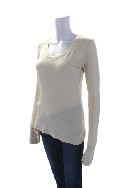 Free People Womens Cotton Round Neck Long Sleeve Pullover Top Beige Size M