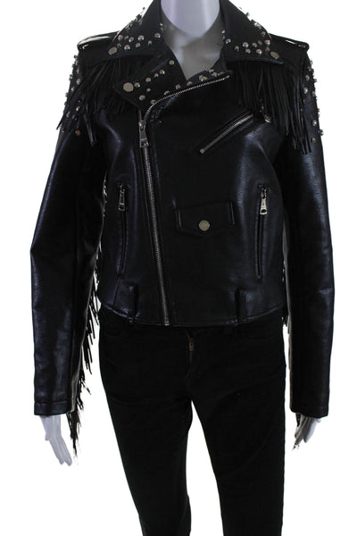 Vigoss Womens Front Zip Studded Fringe Faux Leather Jacket Black Size Medium