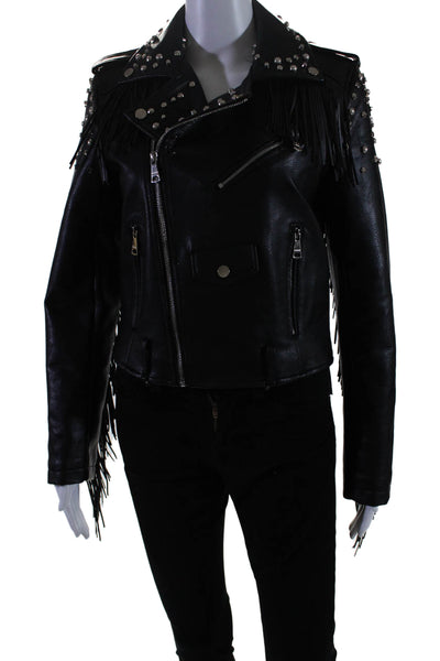 Vigoss Womens Front Zip Studded Fringe Faux Leather Jacket Black Size Medium