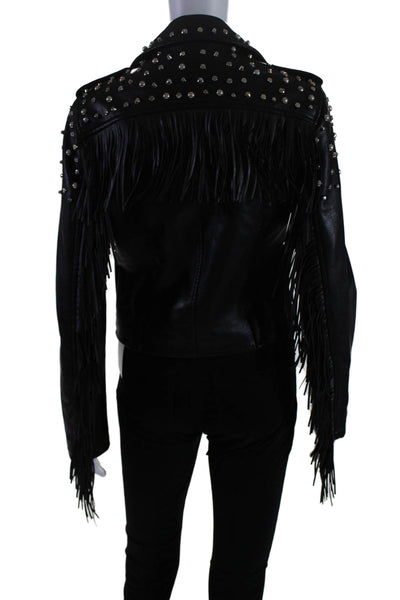 Vigoss Womens Front Zip Studded Fringe Faux Leather Jacket Black Size Medium