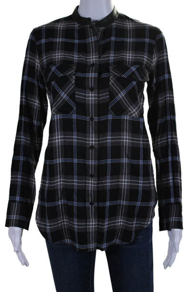 Vince Womens Plaid Button Down Long Sleeves Shirt Black Blue Cotton Size 0