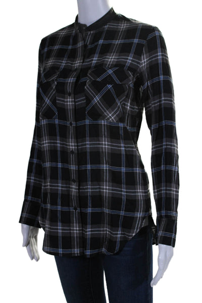 Vince Womens Plaid Button Down Long Sleeves Shirt Black Blue Cotton Size 0