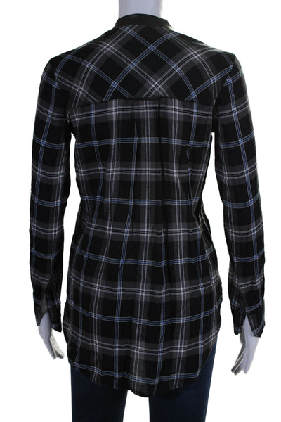 Vince Womens Plaid Button Down Long Sleeves Shirt Black Blue Cotton Size 0