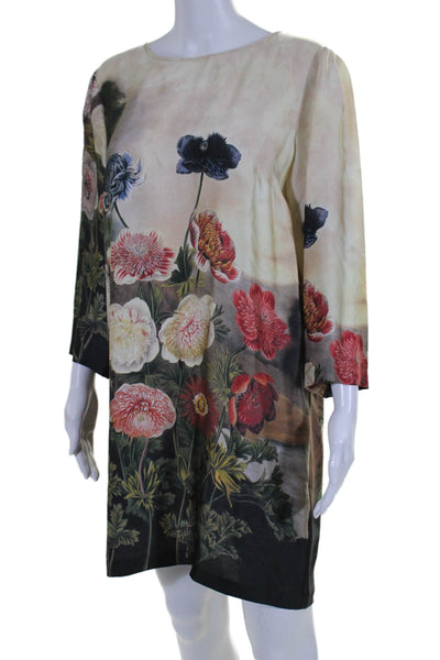 Stella McCartney Womens 3/4 Sleeve Round Neck Silk Floral Dress Brown Size IT 46