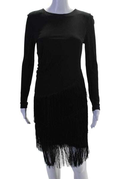 Shoshanna Womens Black Fringe Drape Detail Long Sleeve Shift Dress Size 2