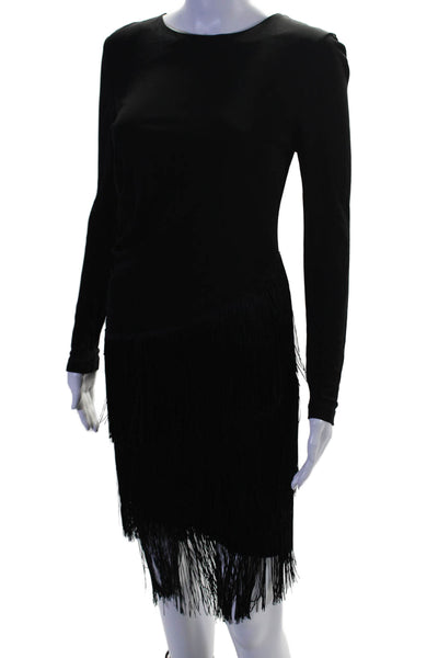 Shoshanna Womens Black Fringe Drape Detail Long Sleeve Shift Dress Size 2