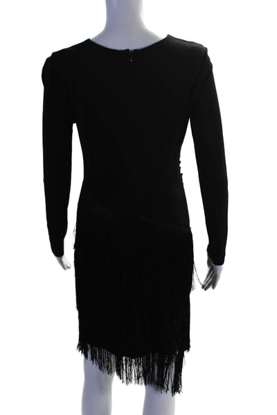 Shoshanna Womens Black Fringe Drape Detail Long Sleeve Shift Dress Size 2