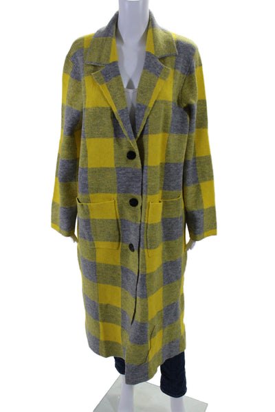 John + Jenn Womens Check Print Collared Button Up Longline Jacket Yellow Size L