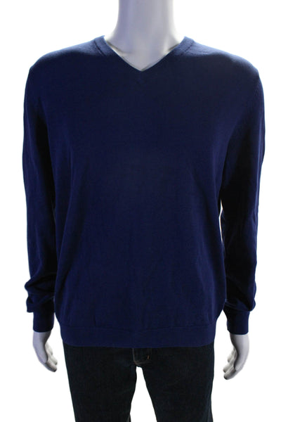 Reiss Mens Long Sleeved V Neck Ribbed Hem Casual Sweater Blue Size L