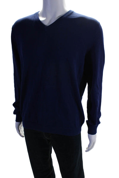 Reiss Mens Long Sleeved V Neck Ribbed Hem Casual Sweater Blue Size L