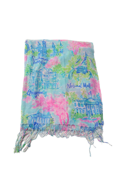 Designer Womens Knit Fringe Trim Floral American Monument Scarf Blue Pink Green