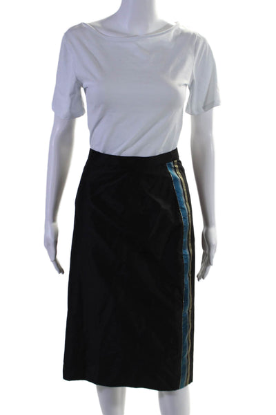 Louis Feraud Womens Silk Striped Front Knee Length Pencil Skirt Black Blue Size