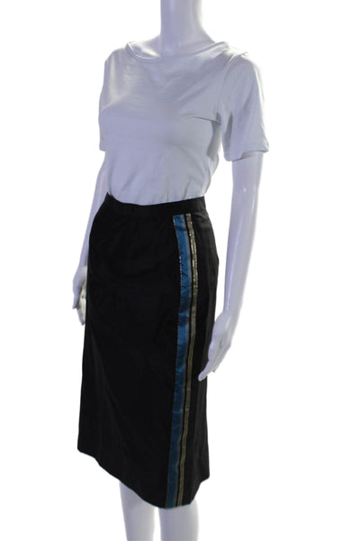 Louis Feraud Womens Silk Striped Front Knee Length Pencil Skirt Black Blue Size