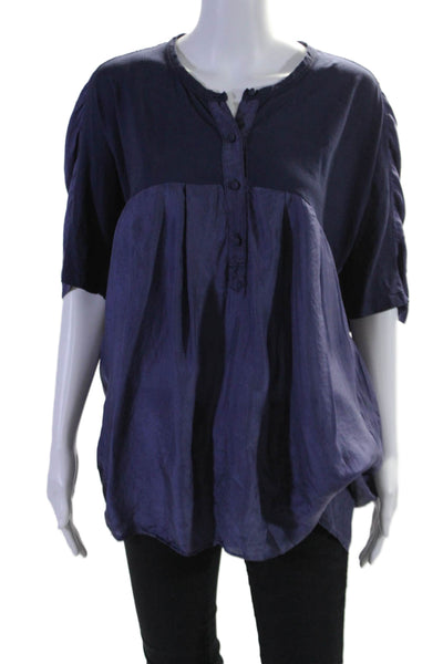 CluWomens Silk Short Sleeves Half Button Down Blouse Navy Blue Size Large