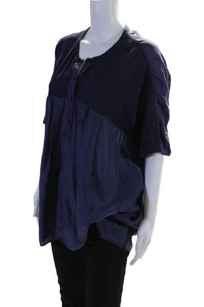 CluWomens Silk Short Sleeves Half Button Down Blouse Navy Blue Size Large