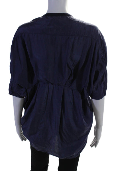 CluWomens Silk Short Sleeves Half Button Down Blouse Navy Blue Size Large