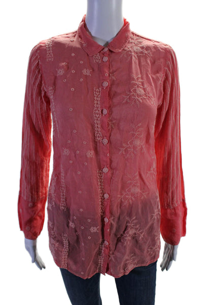 Johnny Was Womens Floral Embroidered Buttoned Collared Blouse Pink Size XS