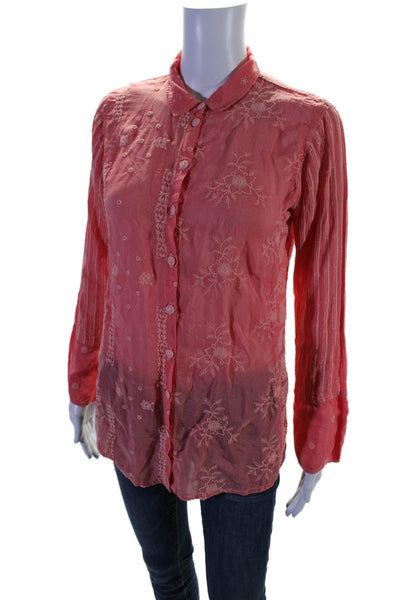 Johnny Was Womens Floral Embroidered Buttoned Collared Blouse Pink Size XS