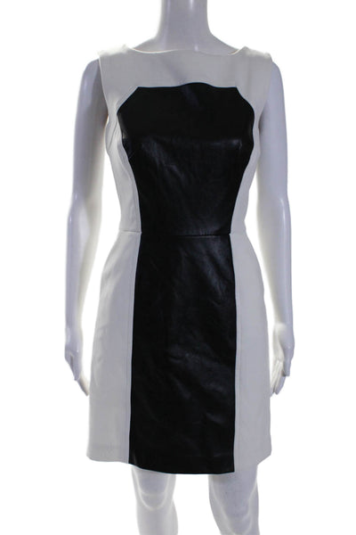 Milly Womens Sleeveless Leather Trim Boat Neck Sheath Dress White Black Size 4