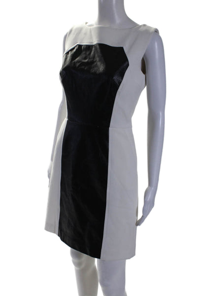 Milly Womens Sleeveless Leather Trim Boat Neck Sheath Dress White Black Size 4