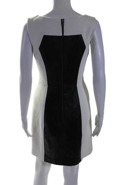 Milly Womens Sleeveless Leather Trim Boat Neck Sheath Dress White Black Size 4