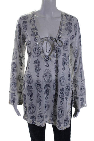 Letarte Handmade Womens Long Sleeve Paisley V Neck Shirt White Navy Size Small