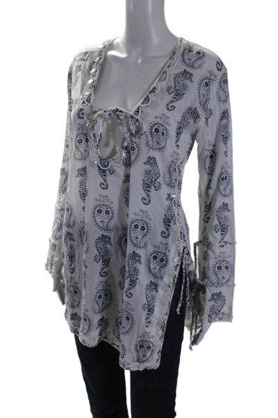 Letarte Handmade Womens Long Sleeve Paisley V Neck Shirt White Navy Size Small