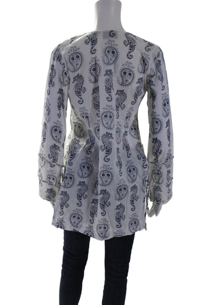 Letarte Handmade Womens Long Sleeve Paisley V Neck Shirt White Navy Size Small