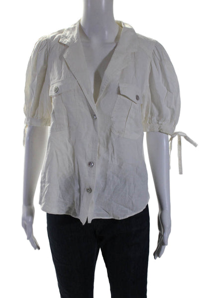 Free People Womens Short Sleeve Button Front V Neck Shirt White Linen Size Small