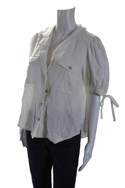 Free People Womens Short Sleeve Button Front V Neck Shirt White Linen Size Small