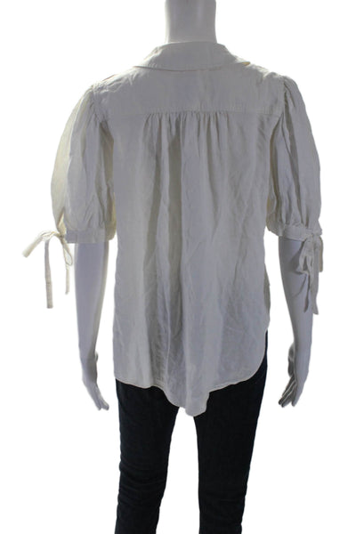 Free People Womens Short Sleeve Button Front V Neck Shirt White Linen Size Small