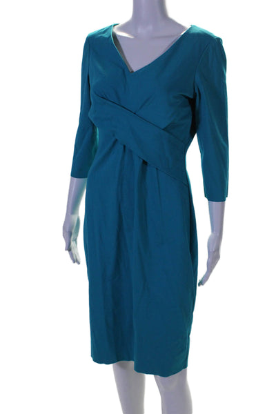 Elie Tahari Womens Long Sleeves Knee Length V Neck Sheath Dress Blue Size 8