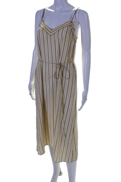 Rag & Bone Womens Spaghetti Strap V Neck Striped Silk Dress White Brown Small