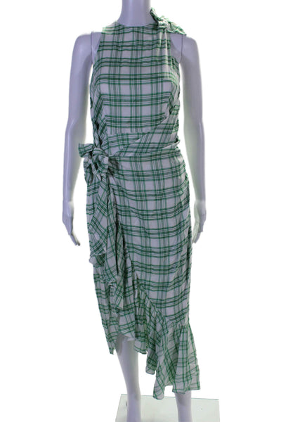 Paper London Womens Sleeveless Crew Neck Plaid Midi Dress Green White Size 4