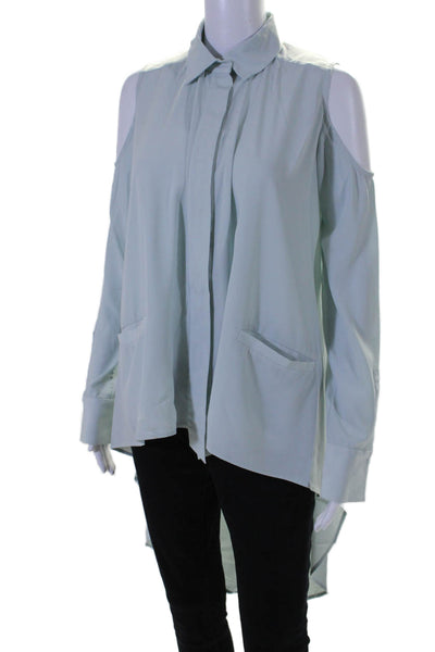 Valery Kovalska Womens Button Front Cold Shoulder High Low Shirt Blue Size XS