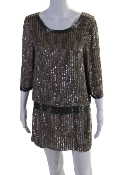 Parker Womens Silk Sequin Round Neck Long Sleeve Mini Dress Taupe Size XS